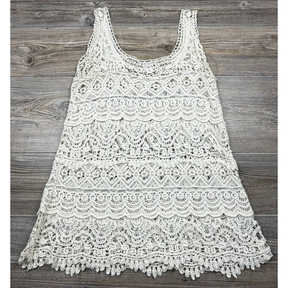 Solitaire Crochet Lace Beige Cotton Tank Coverup MED Beach Boho Resort‎ Beach